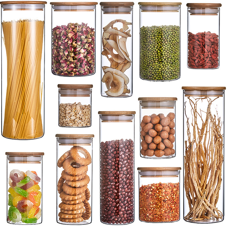 High borosilicate glass sealed food cereal storage containers cans glass jar with bamboo lid