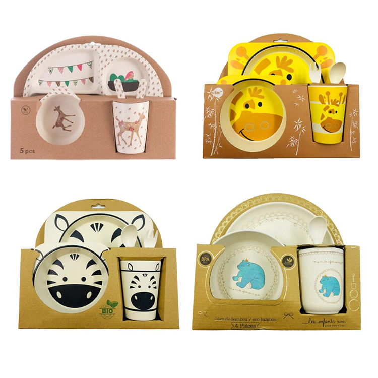 Wholesale biodegradable custom carton pattern bamboo fiber children's tablewares animal bamboo baby tableware set