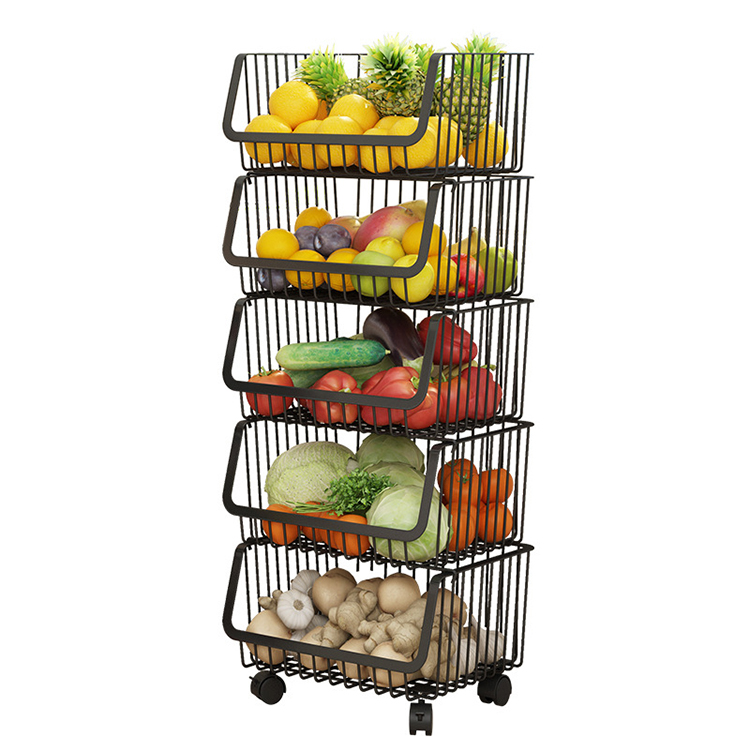 Stainless steel trolley basket three layer kitchen shelf floor multilayer movable fruit vegetable rack storage