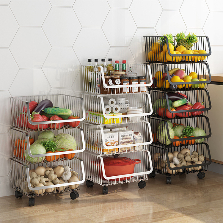 Stainless steel trolley basket three layer kitchen shelf floor multilayer movable fruit vegetable rack storage