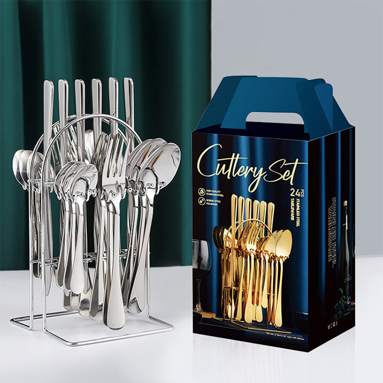 Wholesale 24 piece cutlery set stainless steel flatware silver forks knives spoon set 24 pcs cutlery silverware set with stand