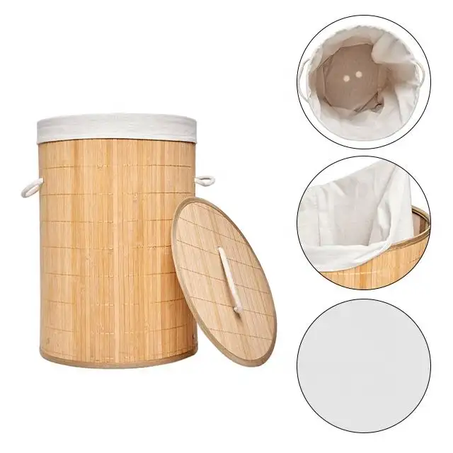 Eco Friendly Custom Bamboo Laundry Hamper Dirty Clothes Collapsible Storage Basket with Lid Liner and Handles