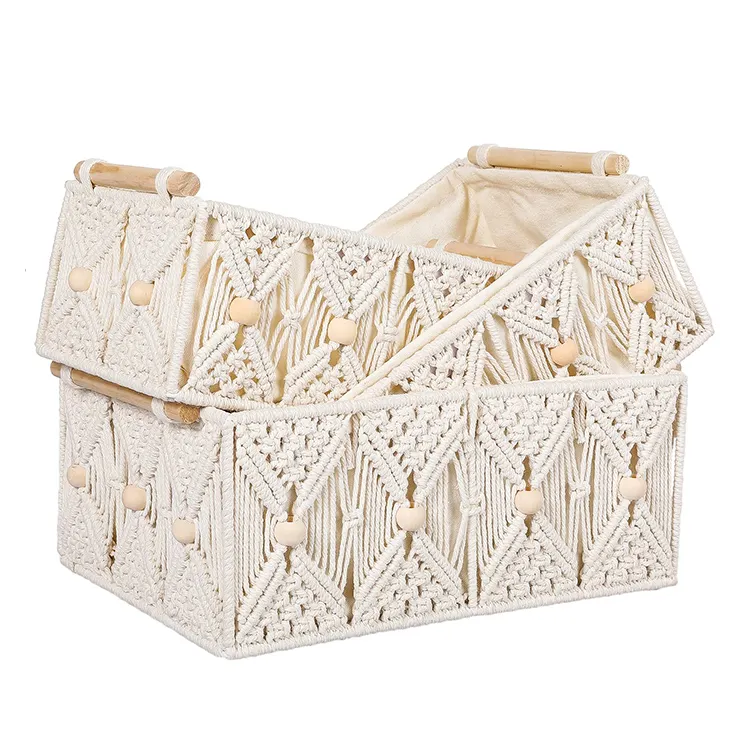 Boho Style Handmade Cotton Woven Desk Storage Bins Boxes with Wood Handles Macrame Storage Baskets
