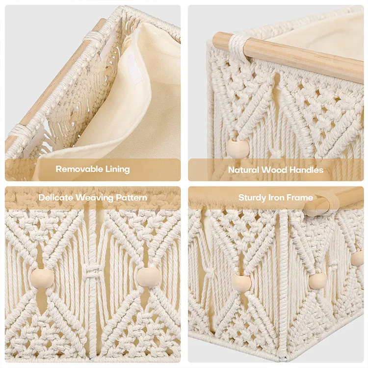 Boho Style Handmade Cotton Woven Desk Storage Bins Boxes with Wood Handles Macrame Storage Baskets