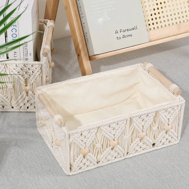 Boho Style Handmade Cotton Woven Desk Storage Bins Boxes with Wood Handles Macrame Storage Baskets