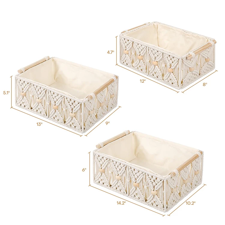 Boho Style Handmade Cotton Woven Desk Storage Bins Boxes with Wood Handles Macrame Storage Baskets