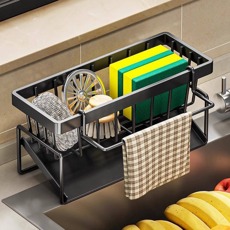 Sponge Holder Kitchen Sink Auto-Draining Sink Dish Brush Rustproof Steel Organizer With Removable Dish Cloth Rack Black