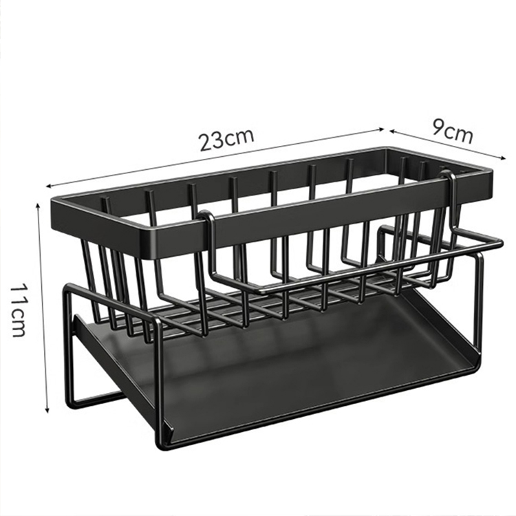 Sponge Holder Kitchen Sink Auto-Draining Sink Dish Brush Rustproof Steel Organizer With Removable Dish Cloth Rack Black