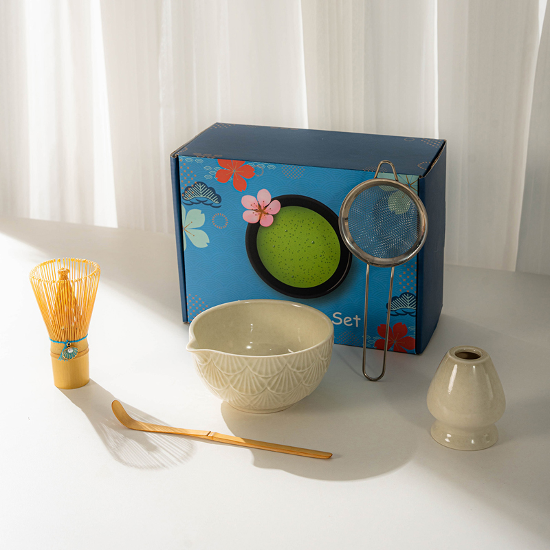 Japanese Style Matcha Tea Set with Whisk Bowl Scoop Strainer and Holder for Traditional Tea Ceremony