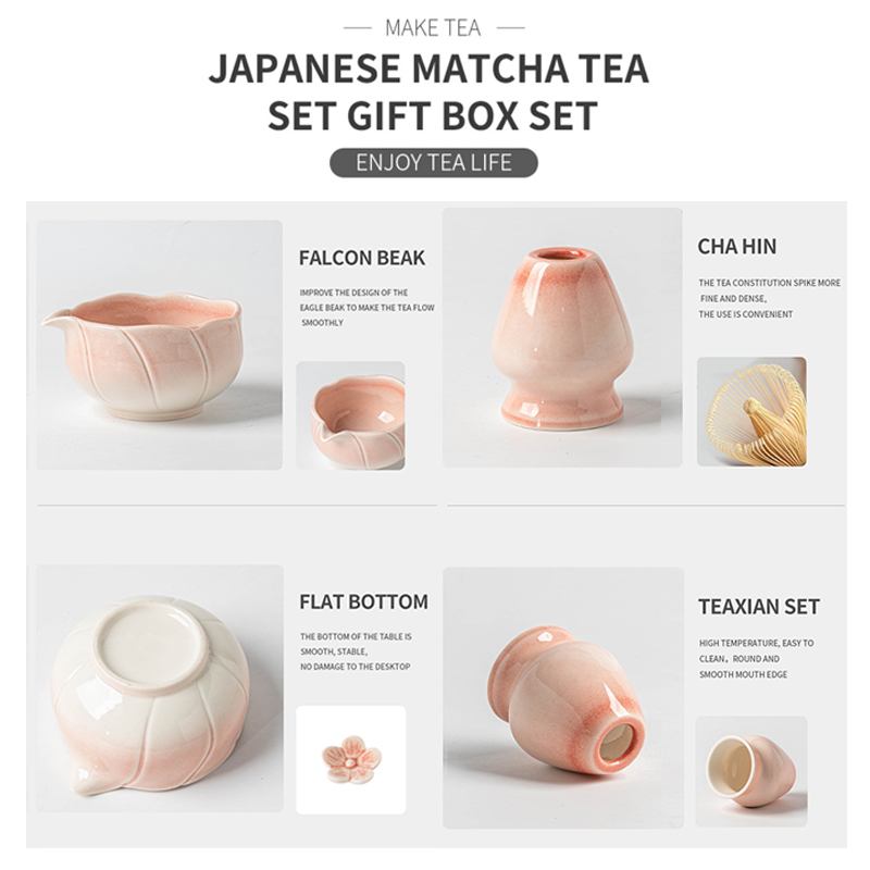 7 8Piece Eco-Friendly Ceramic Porcelain Japanese Asian Zen Grinder Brushes Sakura Bowl Spout Full Set Pink Color Box