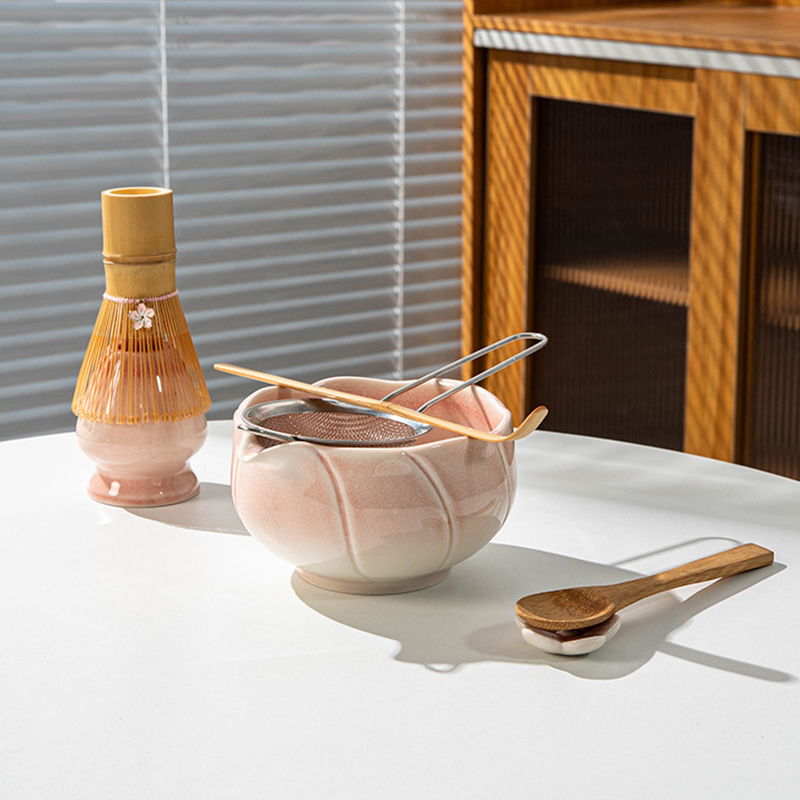 Eco-Friendly Ceramic Porcelain Japanese Asian Zen Grinder Brushes Sakura Bowl Spout Full Set Pink Color Box