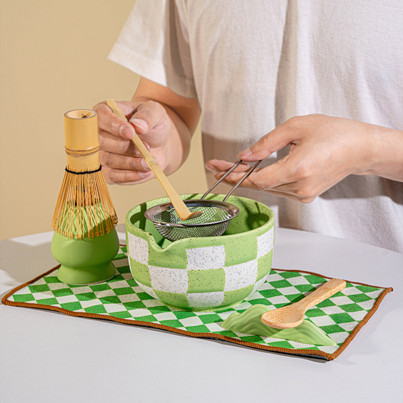 Complete Matcha Accessories Tools Colorful Grid Design Type Ceramic Matcha Bowl Set with Customize Logo