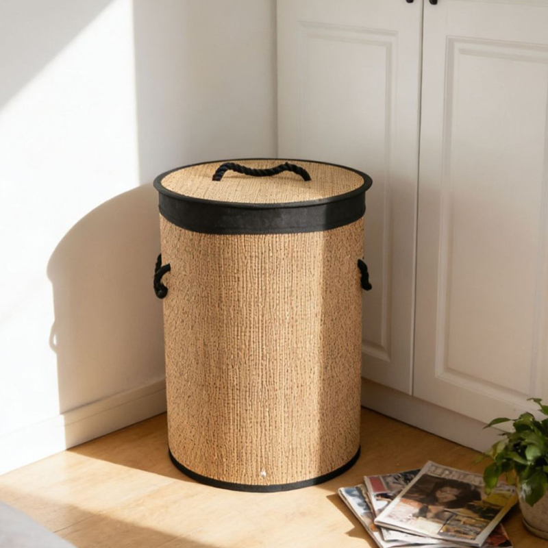 Bamboo Laundry Hamper Double Basket with Removable Liner and Brown Rope Handles Includes Lid