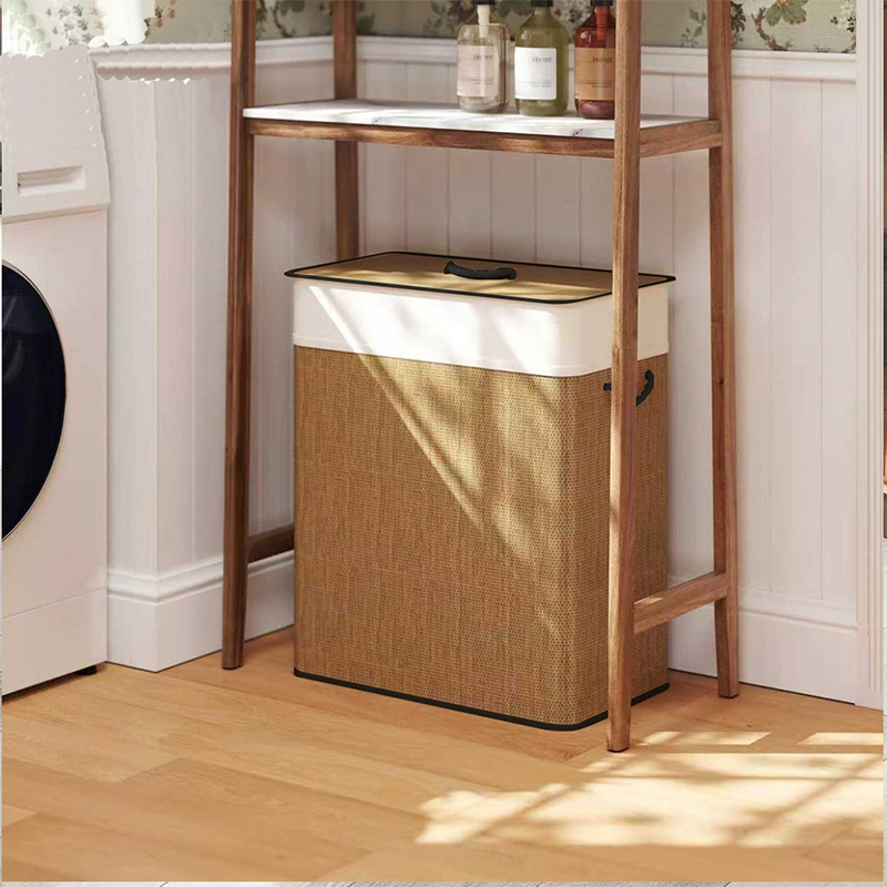 Bamboo Laundry Hamper Double Basket with Removable Liner and Brown Rope Handles Includes Lid